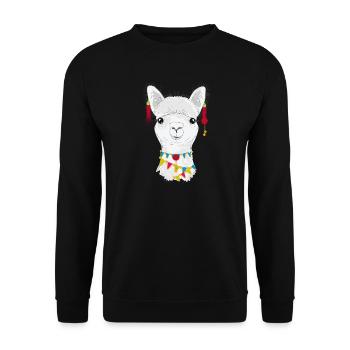 Bunt geschmücktes Alpaka – Charmantes Tiermotiv - Unisex Pullover - Schwarz - Vorne - Alina (178cm) & Michal (187cm)