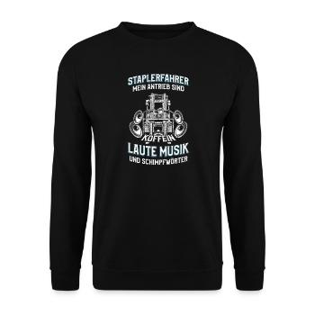 Conducteur de chariot élévateur prononçant de la musique forte - Sweat-shirt Unisexe - noir - Devant - Alina (178cm) & Michal (187cm)