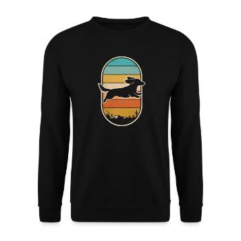 Dackel Springt Sonnenuntergang Retro Jagdhund - Unisex Pullover - Schwarz - Vorne - Alina (178cm) & Michal (187cm)