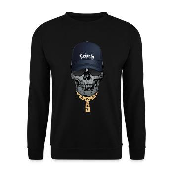 Cooler Totenkopf Hip Hop Style Schriftzug Leipzig - Unisex Pullover - Schwarz - Vorne - Alina (178cm) & Michal (187cm)