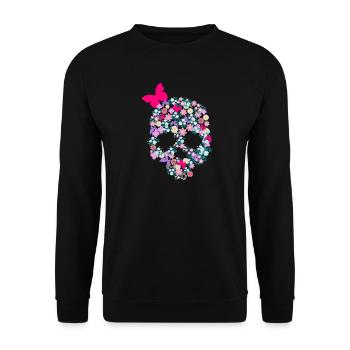 Skulline Skull Totenkopf mit Blumen Schmetterling - Unisex Pullover - Schwarz - Vorne - Alina (178cm) & Michal (187cm)