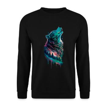 Aurora borealis in Form eines Wolfes im Wald - Unisex Pullover - Schwarz - Vorne - Alina (178cm) & Michal (187cm)