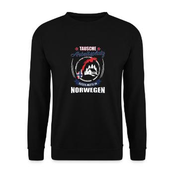 Tausche Arbeitsplatz gegen Hütte in Norwegen - Unisex Pullover - Schwarz - Vorne - Alina (178cm) & Michal (187cm)