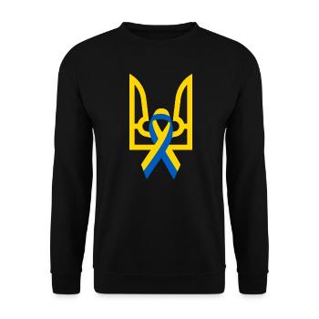 Wappen der Ukraine mit Schleife für Frieden - Unisex Pullover - Schwarz - Vorne - Alina (178cm) & Michal (187cm)