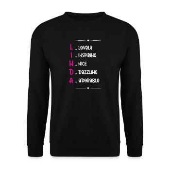 Linda Name Akrostichon - Unisex Pullover - Schwarz - Vorne - Alina (178cm) & Michal (187cm)