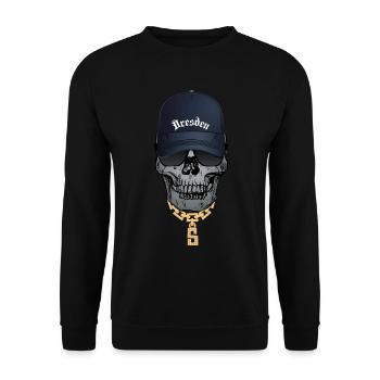 Cooler Totenkopf Hip Hop Style Schriftzug Dresden - Unisex Pullover - Schwarz - Vorne - Alina (178cm) & Michal (187cm)