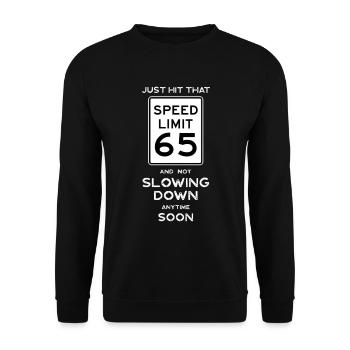 65. Geburtstag Geschenkideen Geschwindigkeitsbegrenzung 65 Zeichen - Unisex Pullover - Schwarz - Vorne - Alina (178cm) & Michal (187cm)