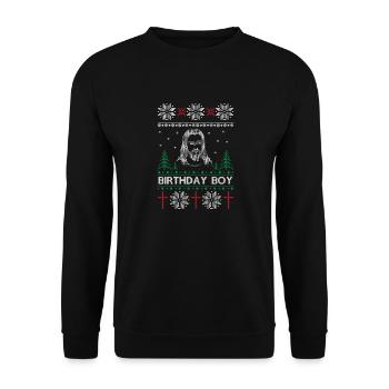 Birthday Boy Jesus Ugly Christmas Sweater - Unisex Sweatshirt - black - Front - Alina (178cm) & Michal (187cm)