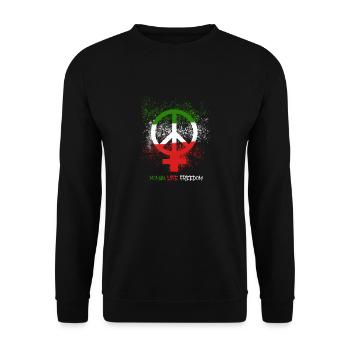women life freedom,freiheit,iran,friede,graffiti - Unisex Pullover - Schwarz - Vorne - Alina (178cm) & Michal (187cm)