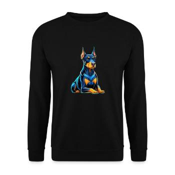 Dobermann sitzend mit Hundeblick - Unisex Pullover - Schwarz - Vorne - Alina (178cm) & Michal (187cm)