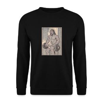 Vintage Muskelmann Jesus Gym - Unisex Pullover - Schwarz - Vorne - Alina (178cm) & Michal (187cm)
