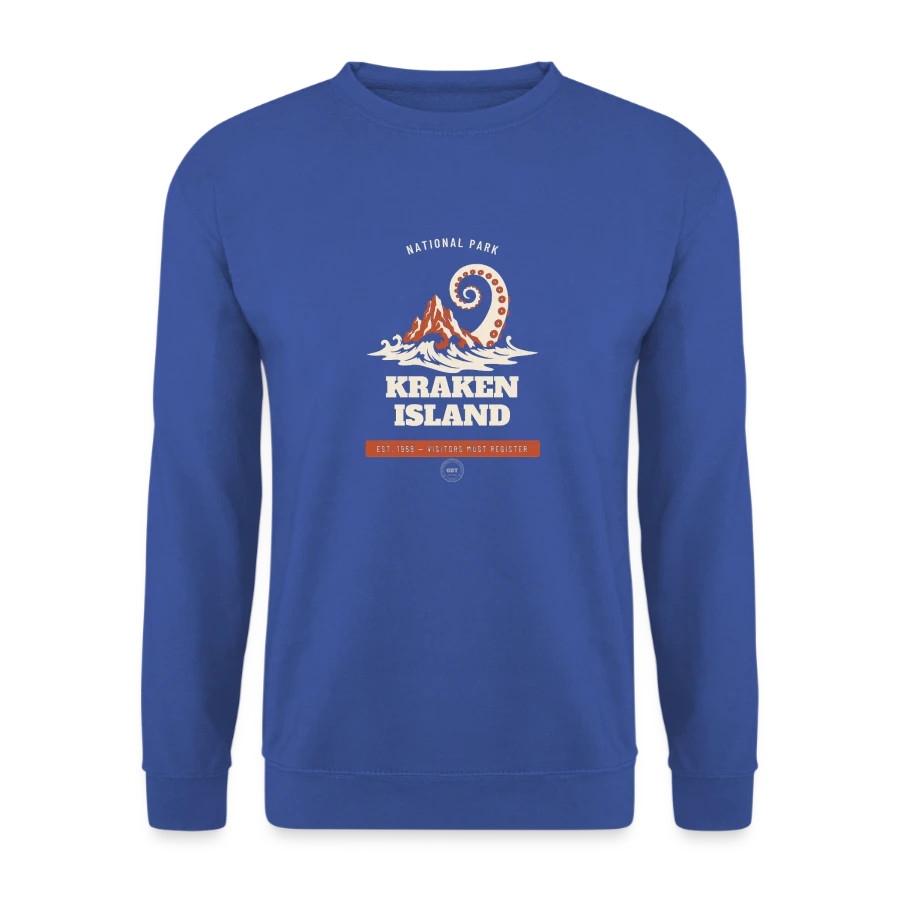 Kraken Island badge on a unisex sweatshirt, royal blue, front