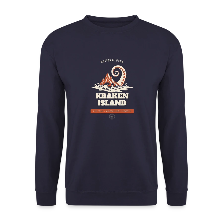 Kraken Island badge on a unisex sweatshirt, navy, front