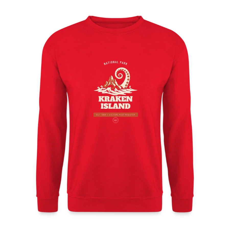 Kraken Island badge on a unisex sweatshirt, red, front
