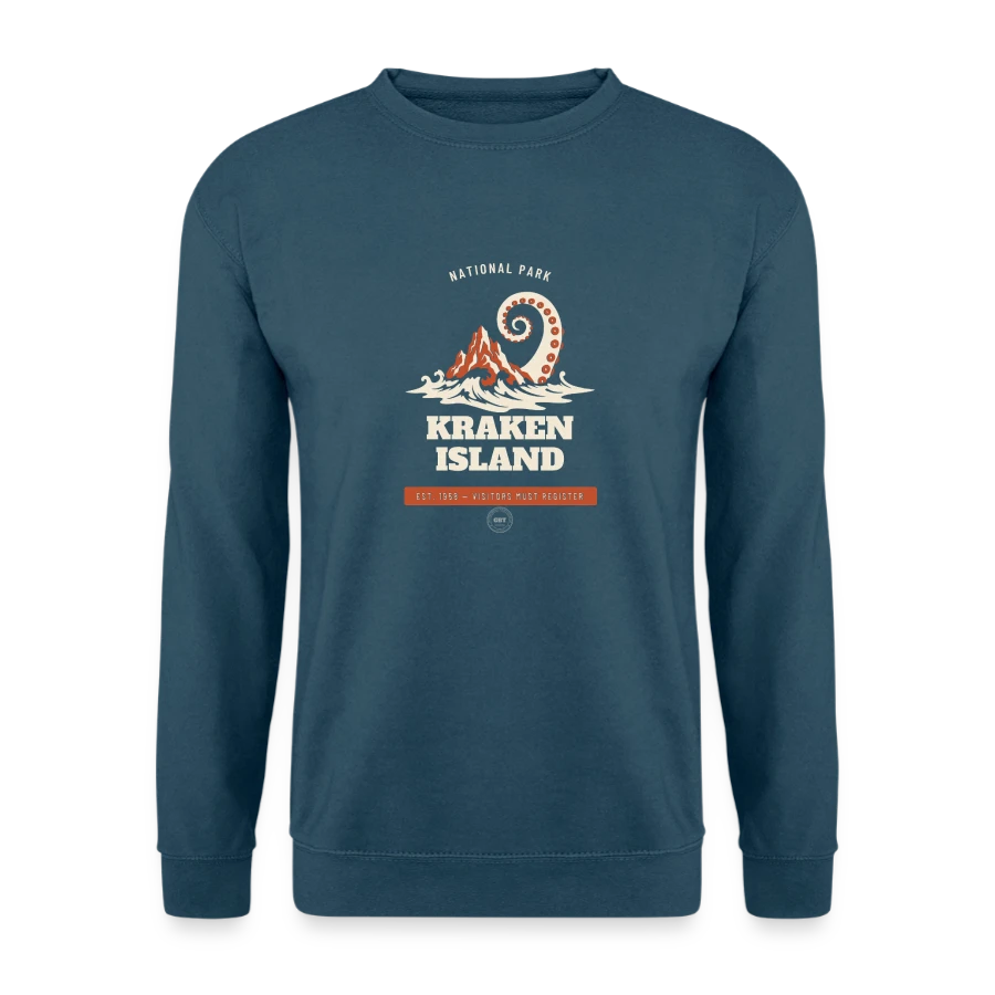 Kraken Island badge on a unisex sweatshirt, indigo blue, front