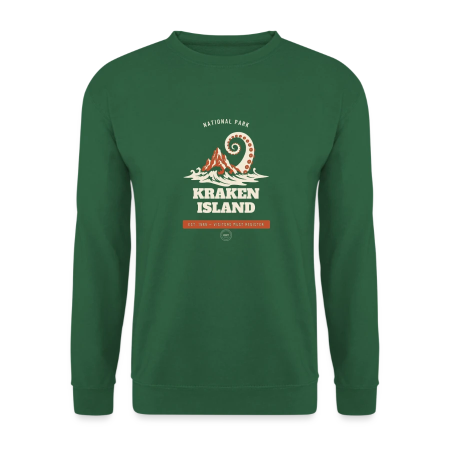 Kraken Island badge on a unisex sweatshirt, green, front