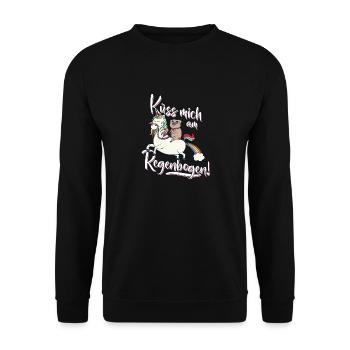 Küss mich am Regenbogen Einhorn Mops Spruch Lustig - Unisex Pullover - Schwarz - Vorne - Alina (178cm) & Michal (187cm)