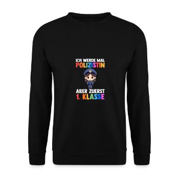 Polizist Erste Klasse Einschulung Schulkind - Unisex Pullover - Schwarz - Vorne - Alina (178cm) & Michal (187cm)
