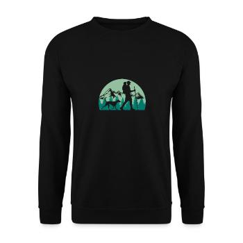 Wanderer mit Hund Wandern Berge Natur Camping - Unisex Pullover - Schwarz - Vorne - Alina (178cm) & Michal (187cm)