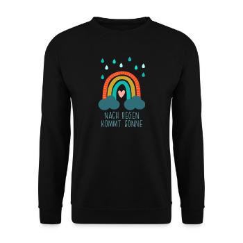Nach Regen kommt Sonne - Regenbogen mit Herz - Unisex Pullover - Schwarz - Vorne - Alina (178cm) & Michal (187cm)