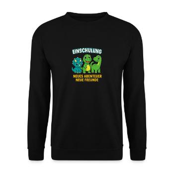 Dino Einschulung | Neues Abenteuer Neue Freunde - Unisex Pullover - Schwarz - Vorne - Alina (178cm) & Michal (187cm)
