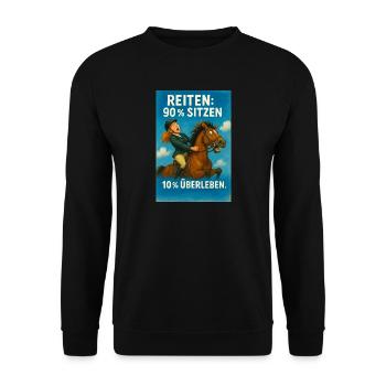 Pferdesport Humor: Sitzen vs Überleben - Unisex Pullover - Schwarz - Vorne - Alina (178cm) & Michal (187cm)