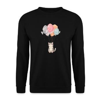 Süße Katze mit Fischballons – Cartoon Design - Unisex Pullover - Schwarz - Vorne - Alina (178cm) & Michal (187cm)