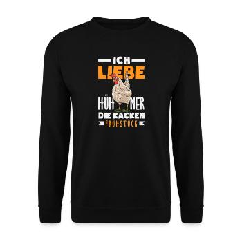 Ich liebe Hühner – die kacken Frühstück - Unisex Pullover - Schwarz - Vorne - Alina (178cm) & Michal (187cm)