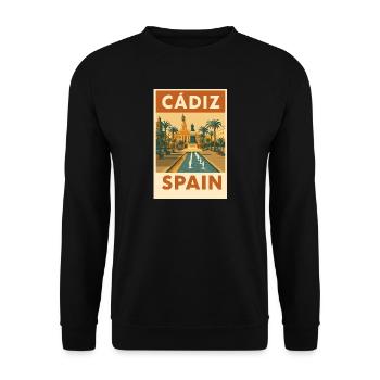Cádiz Spanien – Vintage Reiseposter Plaza - Unisex Pullover - Schwarz - Vorne - Alina (178cm) & Michal (187cm)