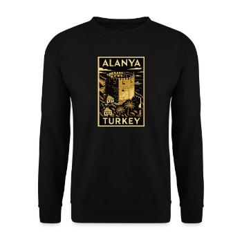 Alanya Turkey – Gold/Black Linocut Travel Poster - Unisex Sweatshirt - black - Front - Alina (178cm) & Michal (187cm)