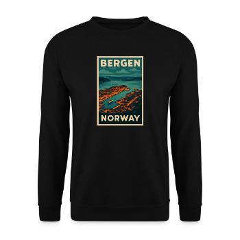 Bergen Norway – Retro Travel Poster Harbour View - Unisex Sweatshirt - black - Front - Alina (178cm) & Michal (187cm)