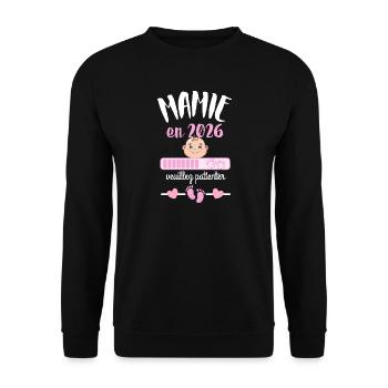 Mamie en 2026 Veuillez Patienter - Sweat-shirt Unisexe - noir - Devant - Alina (178cm) & Michal (187cm)