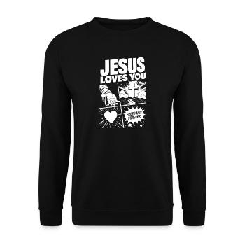Jesus Loves You Faith Comic - Unisex Pullover - Schwarz - Vorne - Alina (178cm) & Michal (187cm)
