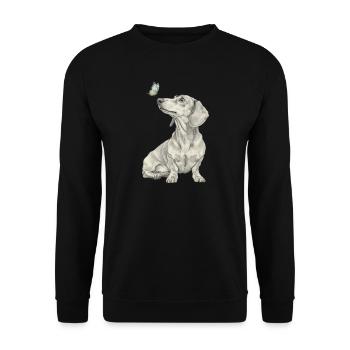Dachshund with Butterfly Profile Sketch Banksy Style - Unisex Sweatshirt - black - Front - Alina (178cm) & Michal (187cm)