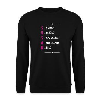 Susans Name bedeutet Akrostichon - Unisex Pullover - Schwarz - Vorne - Alina (178cm) & Michal (187cm)