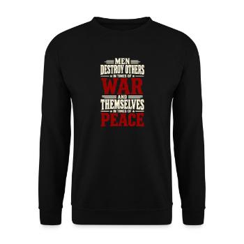 Antikriegs-Typografieplakat in Distressed Beige Rot - Unisex Pullover - Schwarz - Vorne - Alina (178cm) & Michal (187cm)