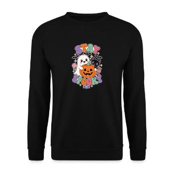 Bleib gruselig, süß Retro Halloween Geisterkatze Kürbis - Unisex Pullover - Schwarz - Vorne - Alina (178cm) & Michal (187cm)