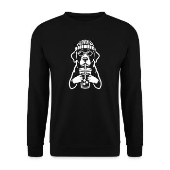 Hipster Labrador mit Eiskaffee - Unisex Pullover - Schwarz - Vorne - Alina (178cm) & Michal (187cm)
