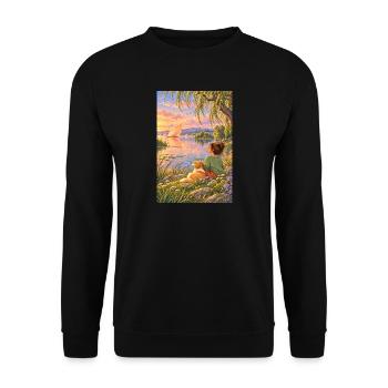 Frau und Hund am Traumsee - Unisex Pullover - Schwarz - Vorne - Alina (178cm) & Michal (187cm)