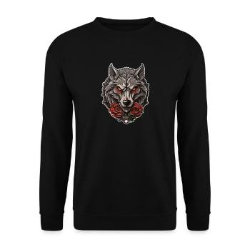 Gothic Wolf Rosen Illustration - Mystische Tierwelt - Unisex Pullover - Schwarz - Vorne - Alina (178cm) & Michal (187cm)