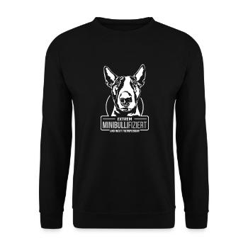 MINIBULLIFIZIERT Miniature Bullterrier Wilsigns - Unisex Pullover - Schwarz - Vorne - Alina (178cm) & Michal (187cm)