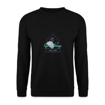 I love clothes / Good things take time - Unisex Pullover - Schwarz - Vorne - Alina (178cm) & Michal (187cm)