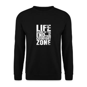 Das Leben beginnt am Ende der Komfortzone - Unisex Pullover - Schwarz - Vorne - Alina (178cm) & Michal (187cm)