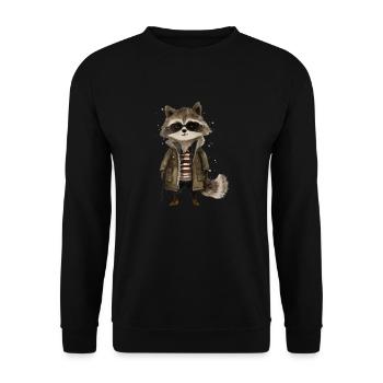 Cityscape Raccoon: Charmantes Banditen-T-Shirt - Unisex Pullover - Schwarz - Vorne - Alina (178cm) & Michal (187cm)