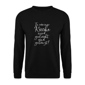 In meiner Küche wird gelacht und getanzt / Familie - Unisex Pullover - Schwarz - Vorne - Alina (178cm) & Michal (187cm)
