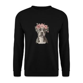American Staffordshire Terrier avec couronne de fleurs - Sweat-shirt Unisexe - noir - Devant - Alina (178cm) & Michal (187cm)
