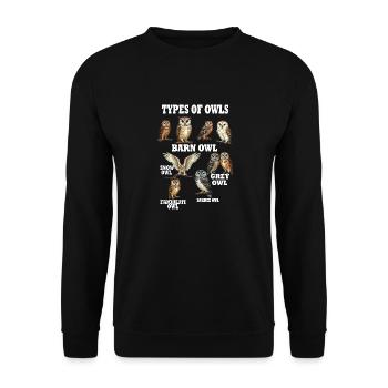 Arten von Eulen Bildungssammlung Niedliche Eule 2025 - Unisex Pullover - Schwarz - Vorne - Alina (178cm) & Michal (187cm)