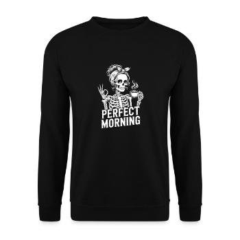 Perfekter Morgen mit Kaffee Skelett mit Kaffeepot - Unisex Pullover - Schwarz - Vorne - Alina (178cm) & Michal (187cm)