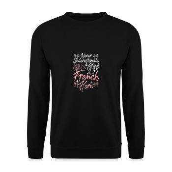 Never underestimate a girl with a french horn - Unisex Pullover - Schwarz - Vorne - Alina (178cm) & Michal (187cm)