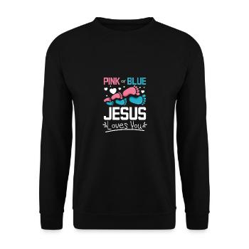 Pink or blue jesus loves you - Unisex Pullover - Schwarz - Vorne - Alina (178cm) & Michal (187cm)